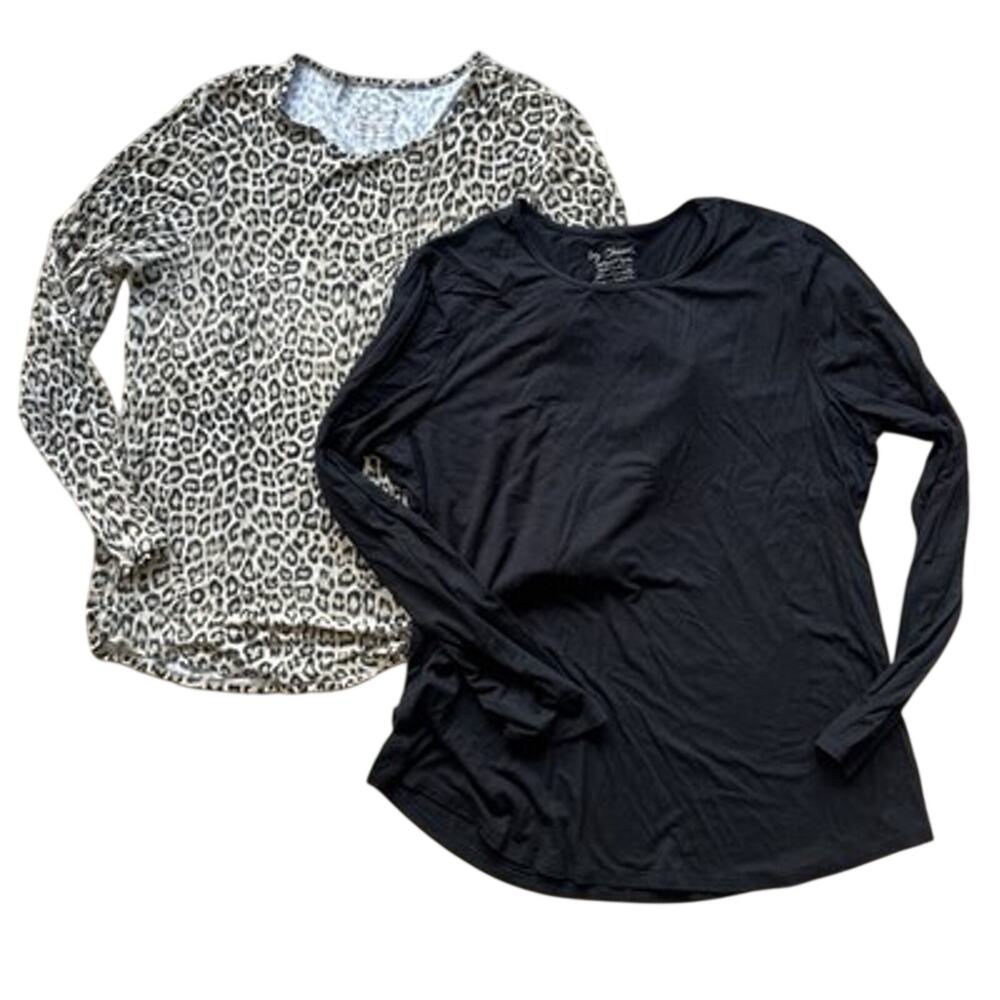 Chico's Ultimate Tee Set 2 Women's L 12-14 Black Leopard Long Sleeve Soft